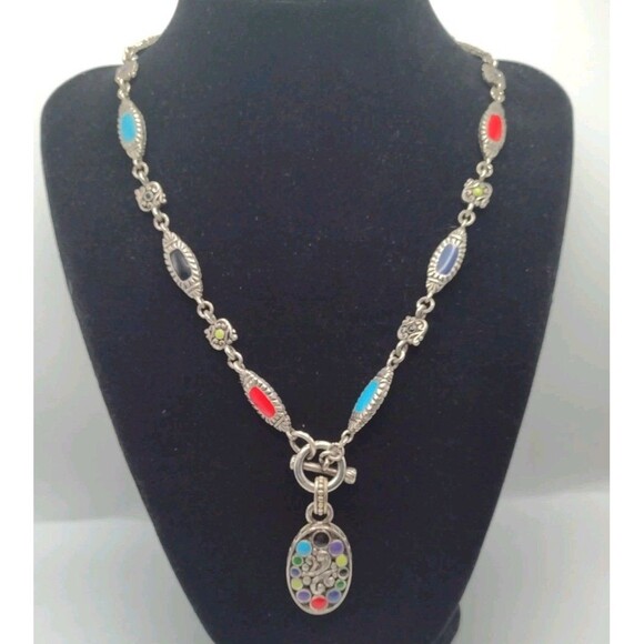 Sterling Silver 18" Necklace 63g Southwestern Enamel Bead 8.6mm Toggle Pendant - Picture 1 of 16